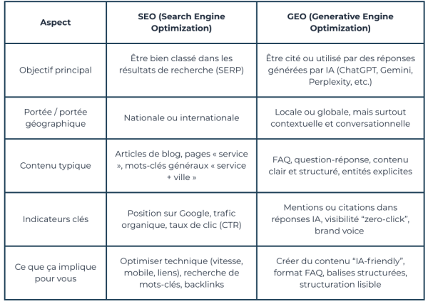 SEO vs GEO Tableau Comparaison
